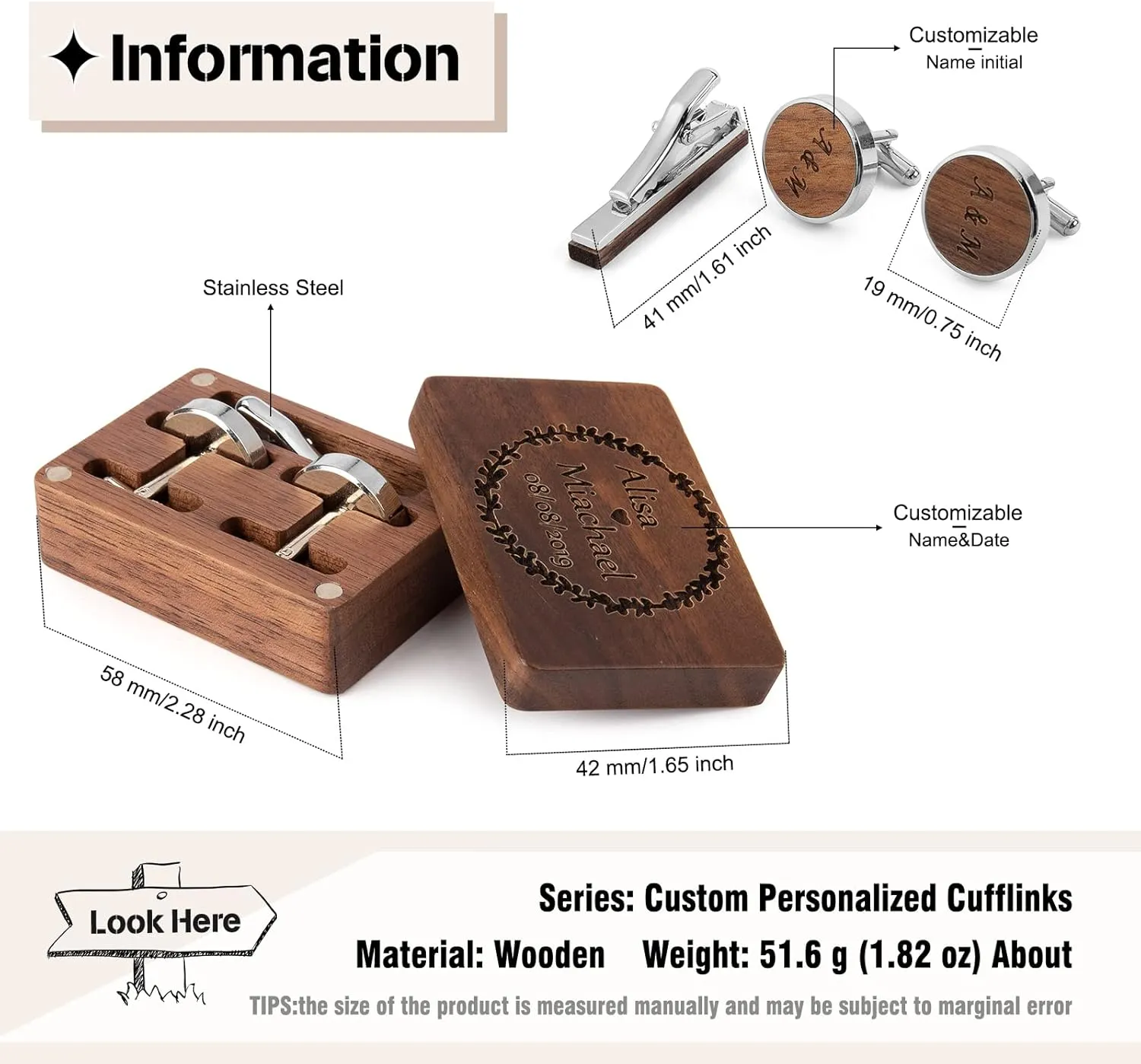 Personalized Groomsmen Gifts for Wedding Custom Name & Initial Wooden Cufflinks for Men Cufflinks with Cufflink Wood Box Engraved 26 Alphabet Letter Cufflinks for Father Groom Suit