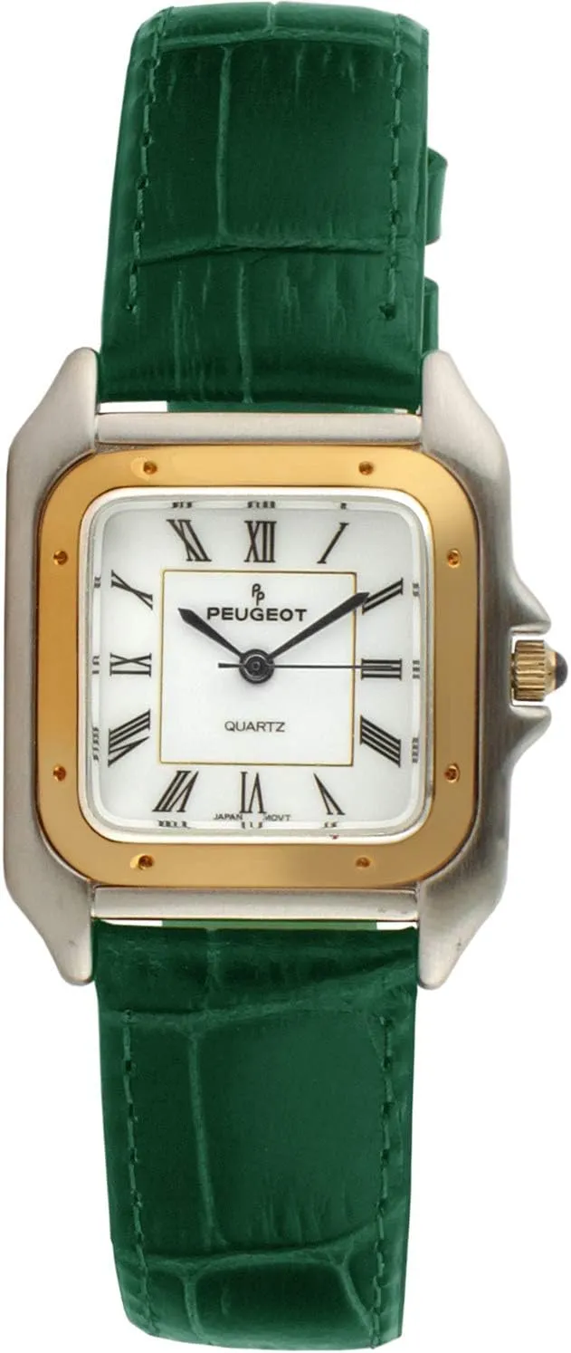 Peugeot Women Two-Tone Tank Shape Dress Watch with Designer Leather Wrist Band