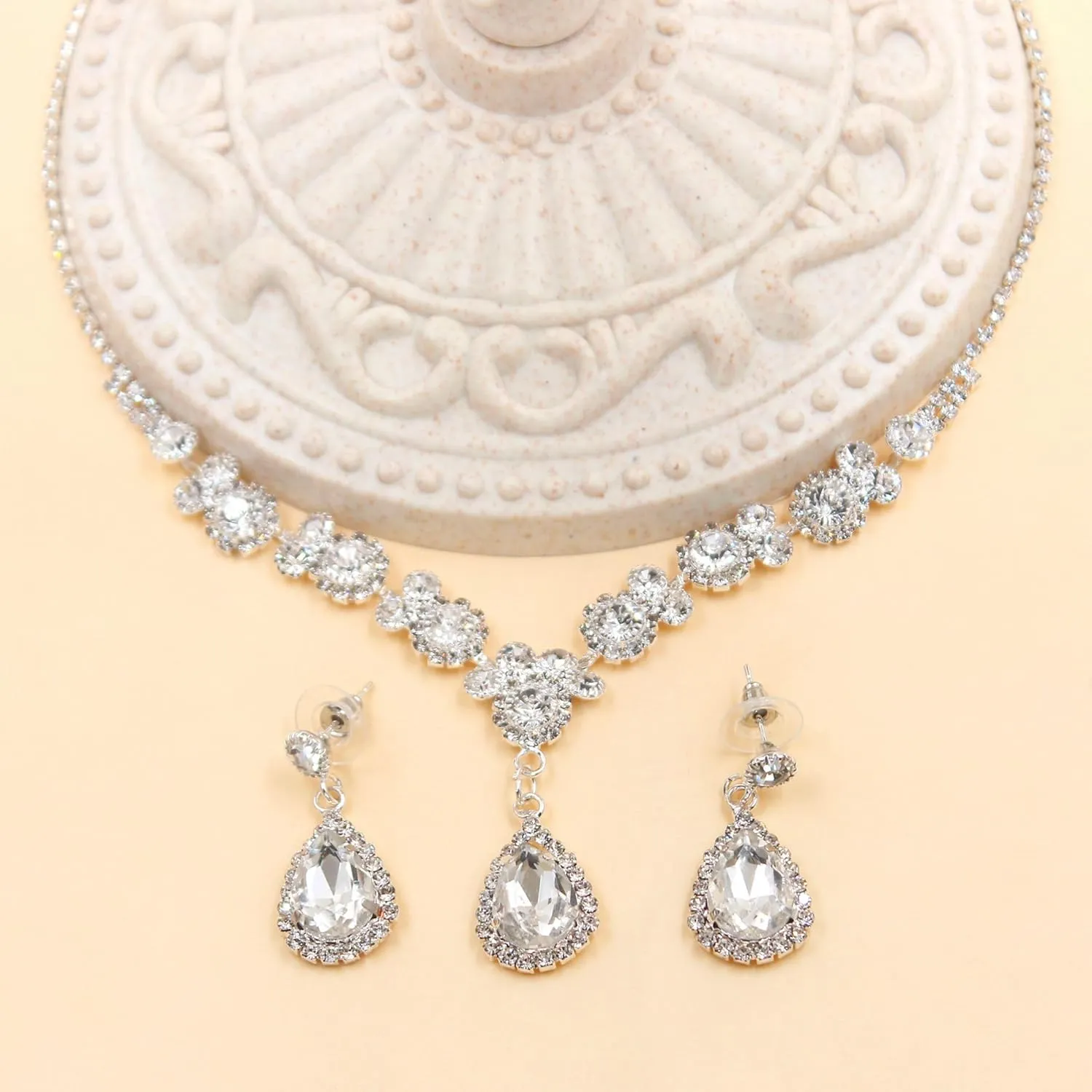 Platinum Plated Cubic Zirconia Necklace Stud Earrings Set for Women - Engagement Wedding Party Jewelry Set for Brides and Bridesmaids YA4717-YA4721