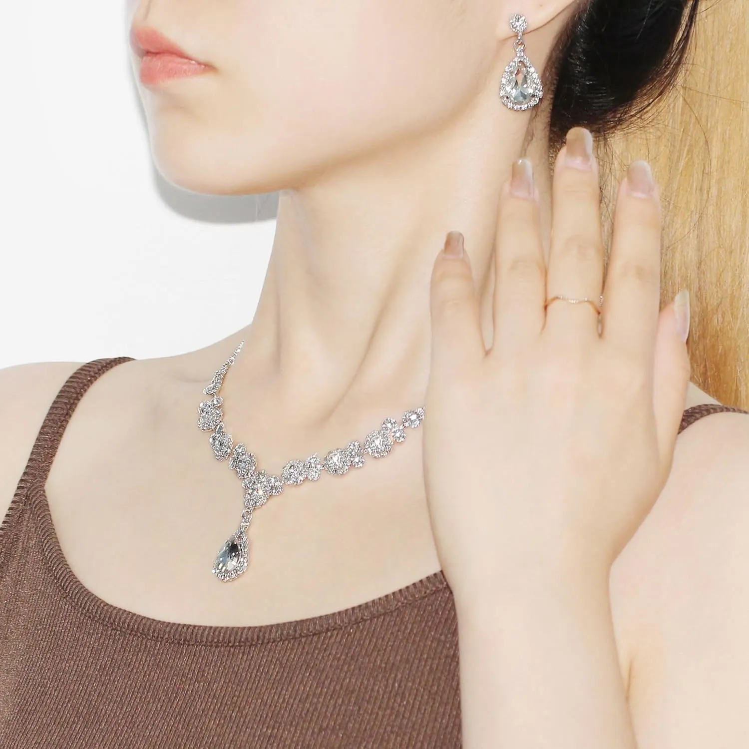 Platinum Plated Cubic Zirconia Necklace Stud Earrings Set for Women - Engagement Wedding Party Jewelry Set for Brides and Bridesmaids YA4717-YA4721