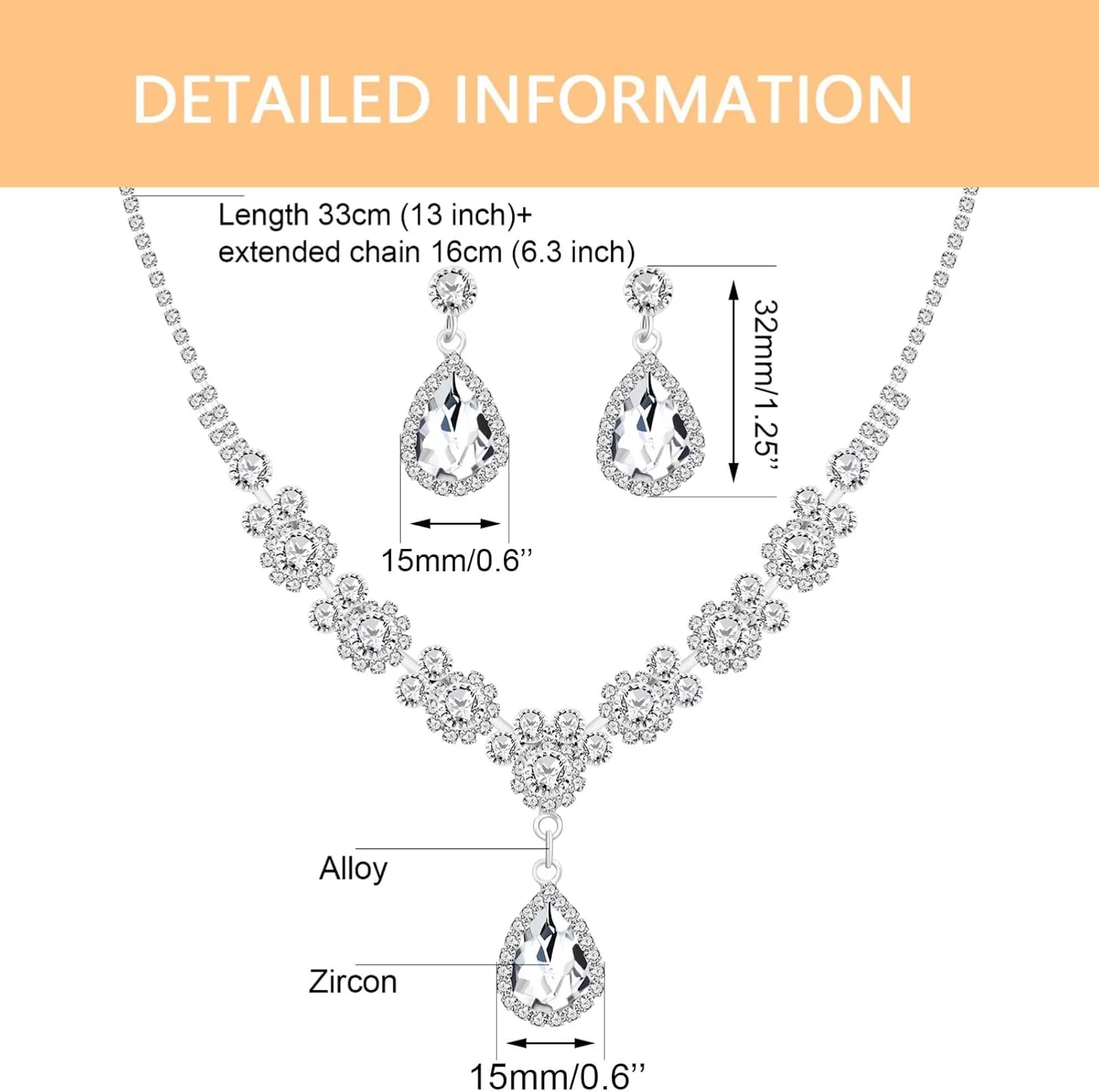 Platinum Plated Cubic Zirconia Necklace Stud Earrings Set for Women - Engagement Wedding Party Jewelry Set for Brides and Bridesmaids YA4717-YA4721