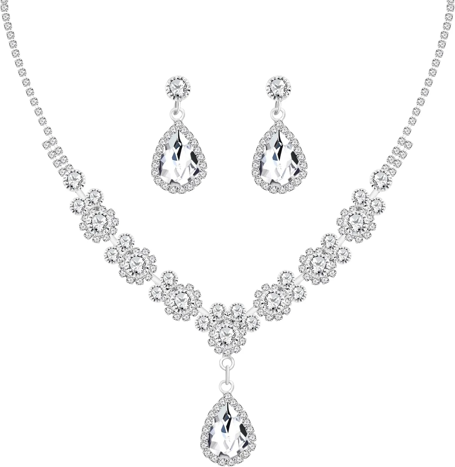 Platinum Plated Cubic Zirconia Necklace Stud Earrings Set for Women - Engagement Wedding Party Jewelry Set for Brides and Bridesmaids YA4717-YA4721