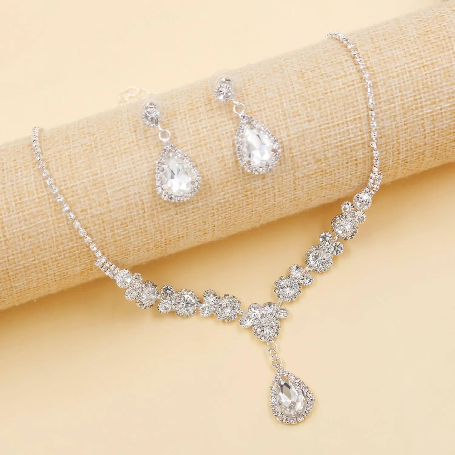 Platinum Plated Cubic Zirconia Necklace Stud Earrings Set for Women - Engagement Wedding Party Jewelry Set for Brides and Bridesmaids YA4717-YA4721
