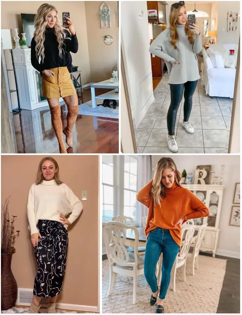 Poetsky Womens Long Sleeve Turtleneck Sweaters Oversized Knit Loose Asymmetrical Hem Pullover Tunic Tops
