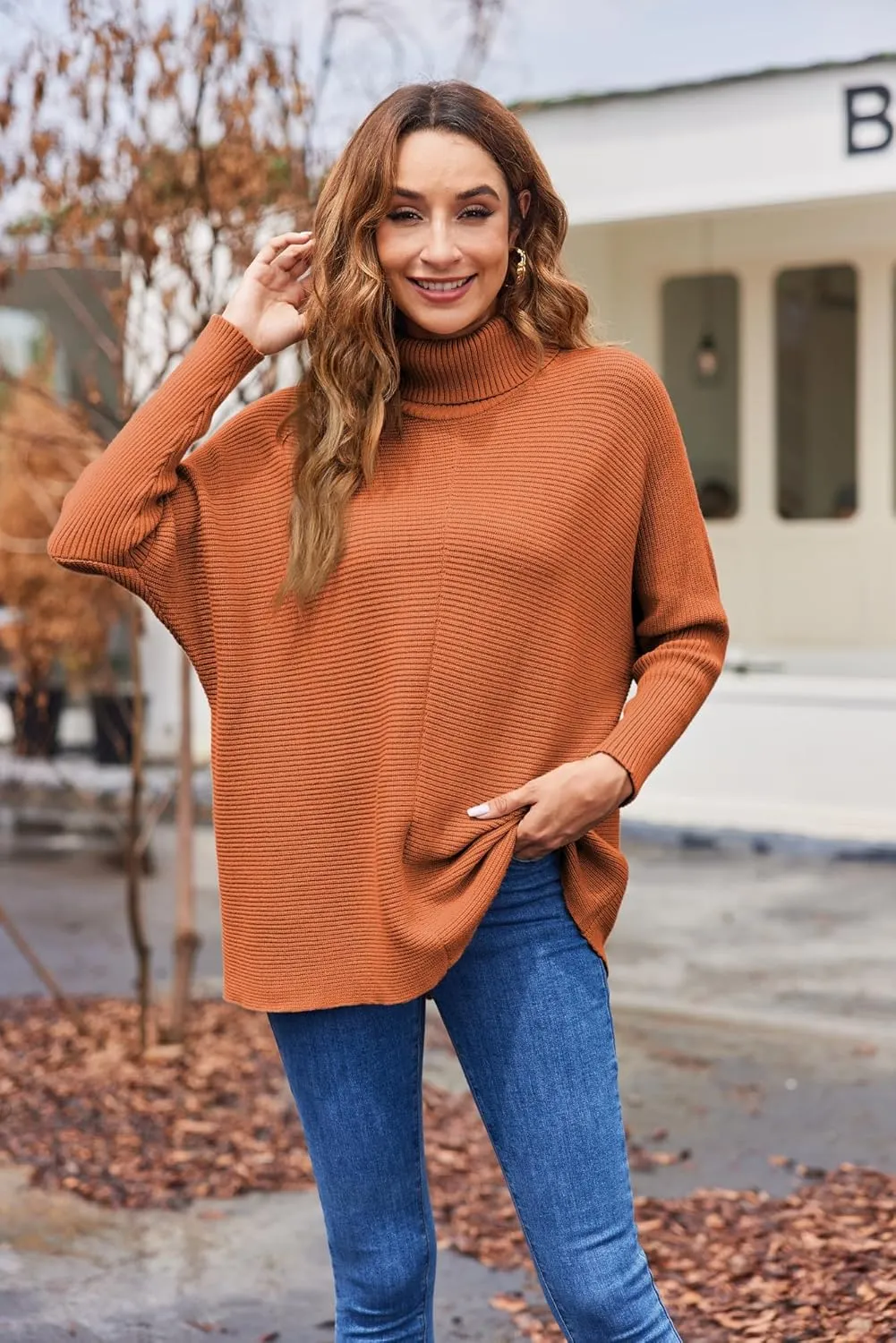 Poetsky Womens Long Sleeve Turtleneck Sweaters Oversized Knit Loose Asymmetrical Hem Pullover Tunic Tops