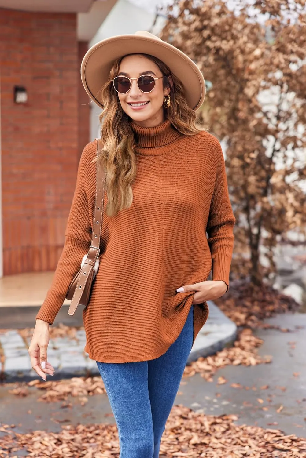 Poetsky Womens Long Sleeve Turtleneck Sweaters Oversized Knit Loose Asymmetrical Hem Pullover Tunic Tops