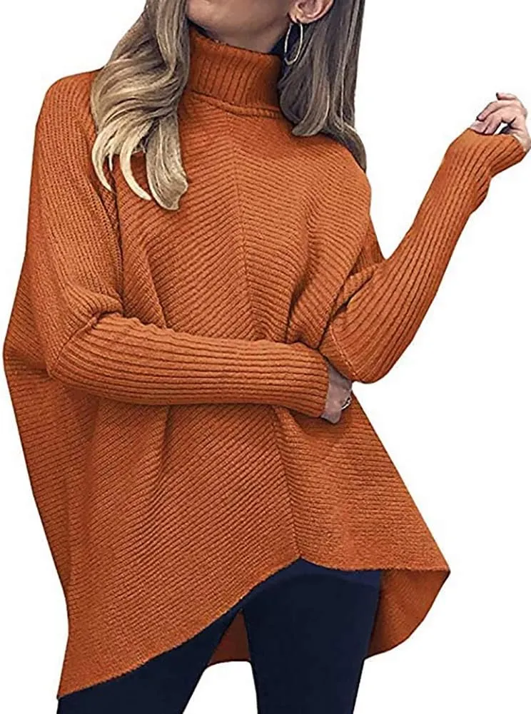 Poetsky Womens Long Sleeve Turtleneck Sweaters Oversized Knit Loose Asymmetrical Hem Pullover Tunic Tops