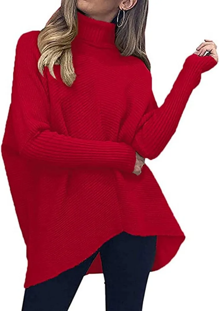 Poetsky Womens Long Sleeve Turtleneck Sweaters Oversized Knit Loose Asymmetrical Hem Pullover Tunic Tops