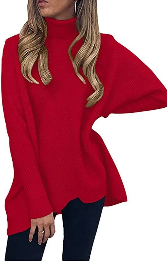 Poetsky Womens Long Sleeve Turtleneck Sweaters Oversized Knit Loose Asymmetrical Hem Pullover Tunic Tops