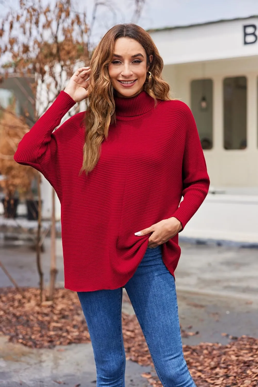 Poetsky Womens Long Sleeve Turtleneck Sweaters Oversized Knit Loose Asymmetrical Hem Pullover Tunic Tops