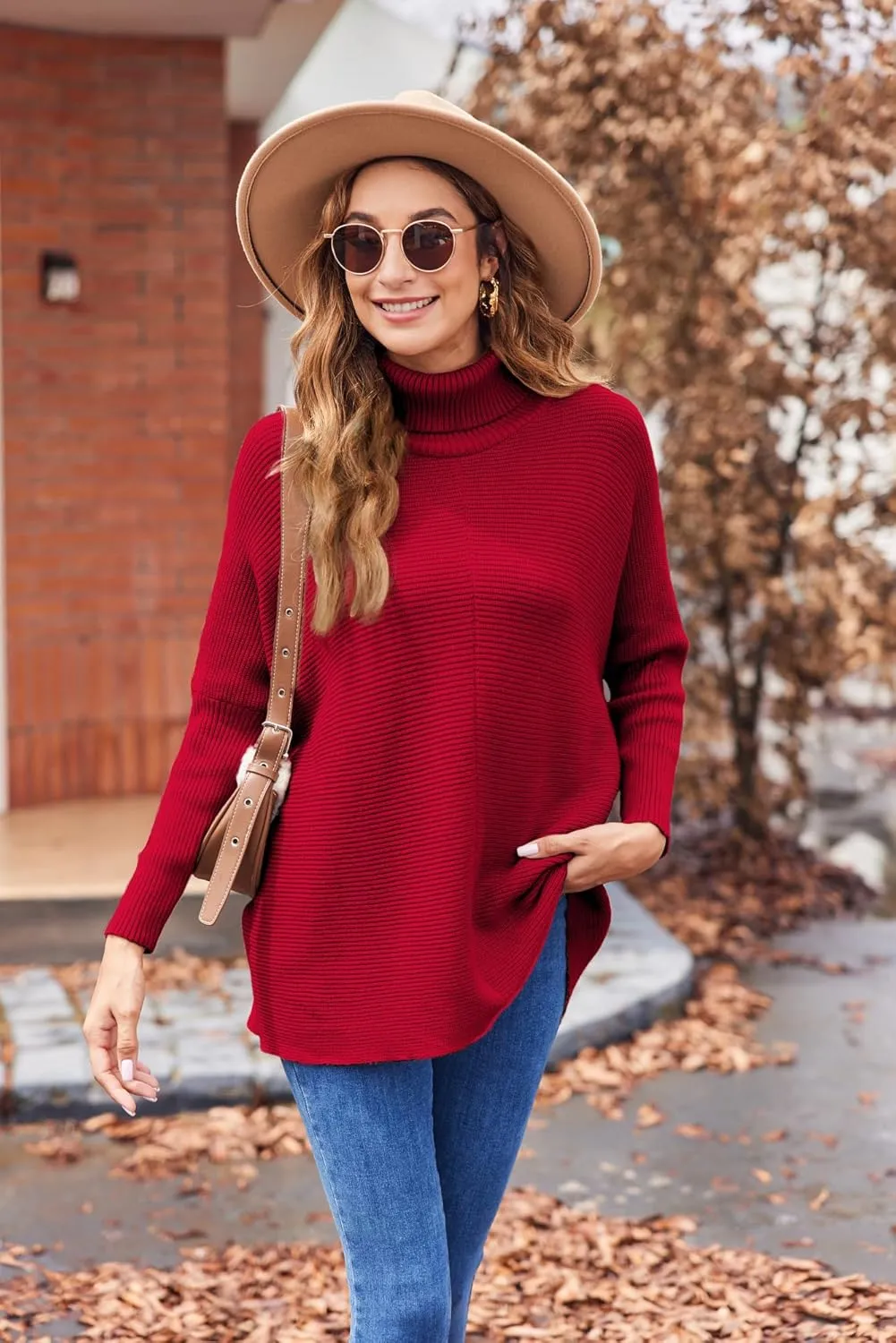 Poetsky Womens Long Sleeve Turtleneck Sweaters Oversized Knit Loose Asymmetrical Hem Pullover Tunic Tops
