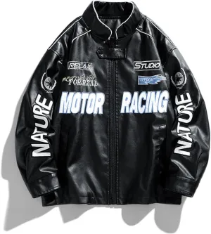POHADON Mens Varsity Jacket PU Leather Vintage Racing Motor Biker Graphic Bomber Jackets Oversized Unisex Y2k Streetwear