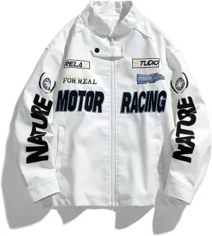 POHADON Mens Varsity Jacket PU Leather Vintage Racing Motor Biker Graphic Bomber Jackets Oversized Unisex Y2k Streetwear