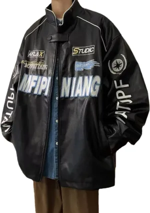 POHADON Mens Varsity Jacket PU Leather Vintage Racing Motor Biker Graphic Bomber Jackets Oversized Unisex Y2k Streetwear