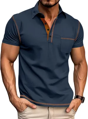 Polo Shirts Men Cotton Blend Short Sleeve Button Slim Fit Color Block Collared Patchwork Summer Tshirts with Pocket