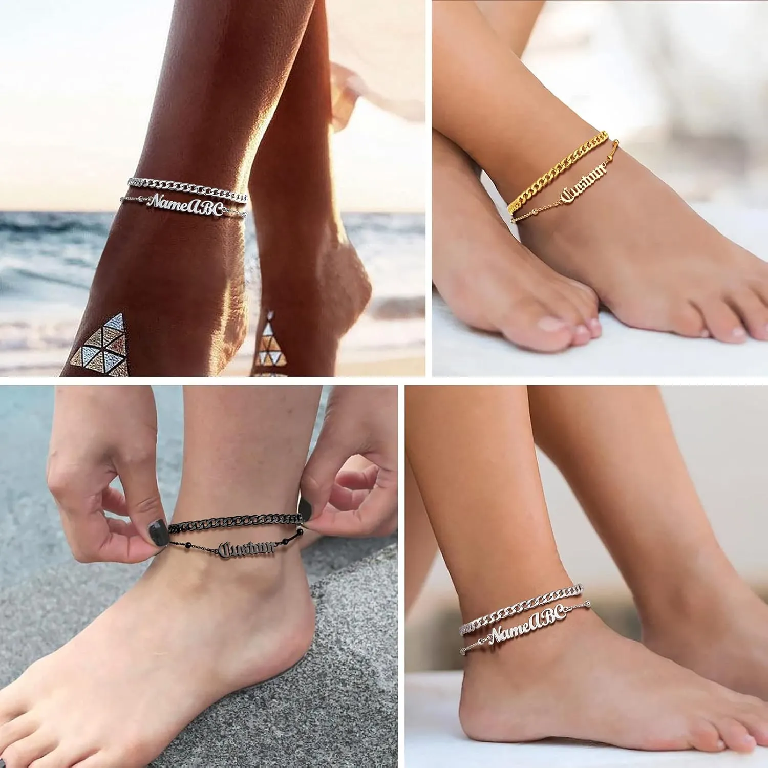 PROSTEEL Trendy Handcuffs Design/Customize Words Ankle Bracelet For Women, 316L Stainless Steel Anklets Silver/Gold/Black Tone, Hypoallergenic, Come with Box