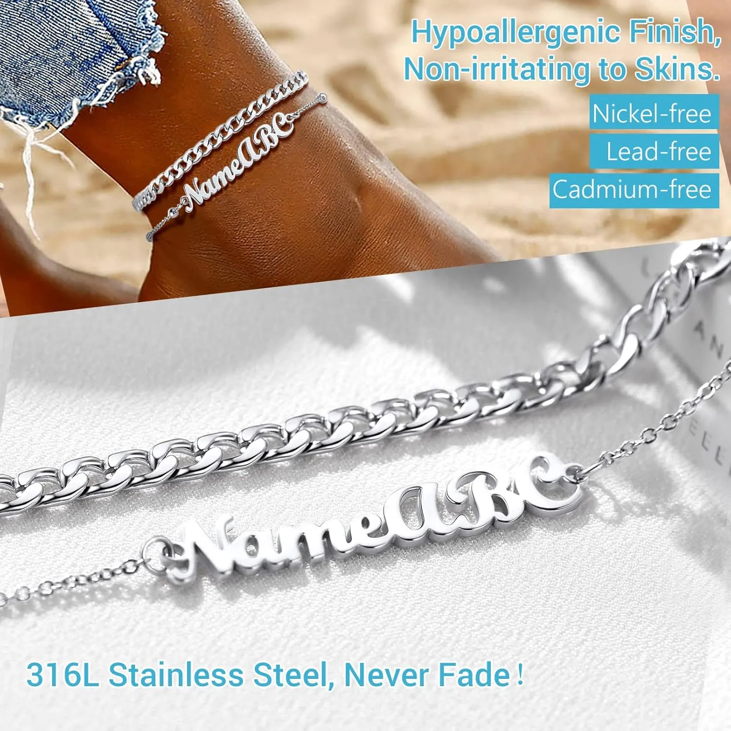 PROSTEEL Trendy Handcuffs Design/Customize Words Ankle Bracelet For Women, 316L Stainless Steel Anklets Silver/Gold/Black Tone, Hypoallergenic, Come with Box
