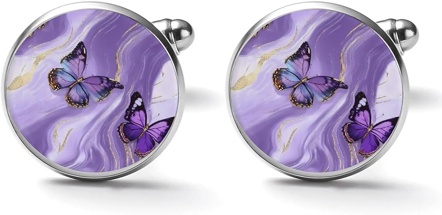 Purple Marble Butterfly Mens Cufflinks Classic Cuff Links for Wedding Business Accessories