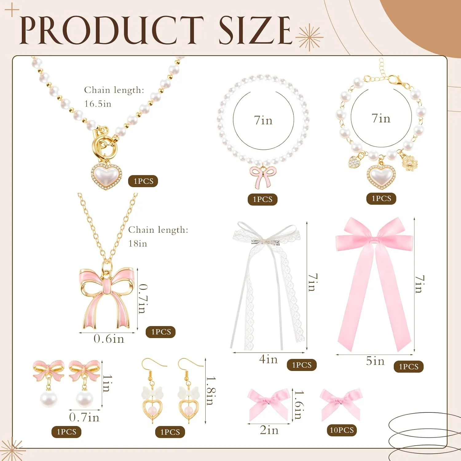 Quelay 2 Sets Coquette Jewelry for Women Bow Necklace Bracelet Earrings and Hair Clips Pink and Gold Pearl Choke Coquette Accessories Trendy Stuff Jewelry Gifts Wedding Bridesmaids Gifts
