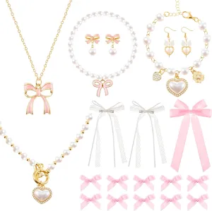 Quelay 2 Sets Coquette Jewelry for Women Bow Necklace Bracelet Earrings and Hair Clips Pink and Gold Pearl Choke Coquette Accessories Trendy Stuff Jewelry Gifts Wedding Bridesmaids Gifts