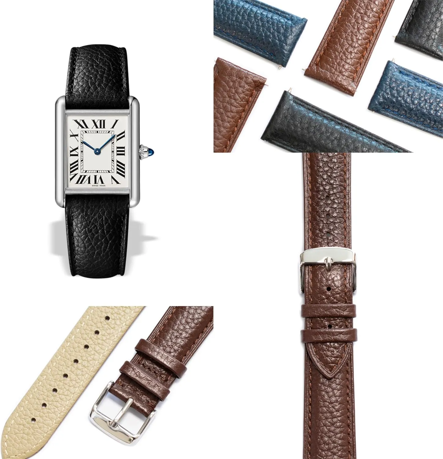 Quick Release Leather Straps For Cartier Watches With Buckle, Leather Watch Band Straps For Cartier Tank Watches - Multiple Colors