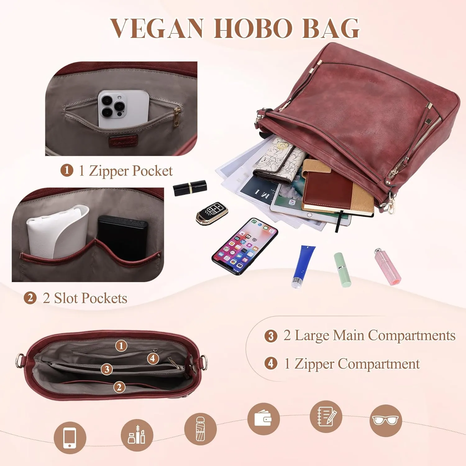 RAVUO Hobo Bag Fashion Women Handbags and Wallet Set Ladies Chic Crossbody Shoulder Purse W Gutair Strap
