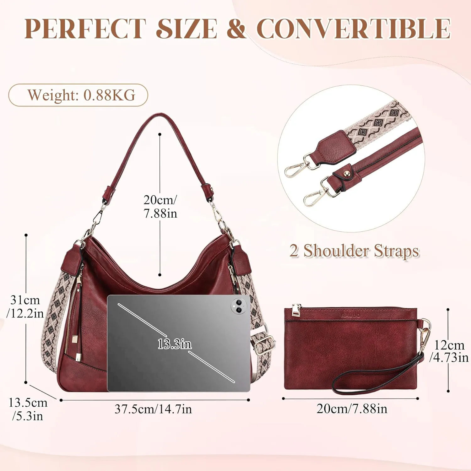 RAVUO Hobo Bag Fashion Women Handbags and Wallet Set Ladies Chic Crossbody Shoulder Purse W Gutair Strap