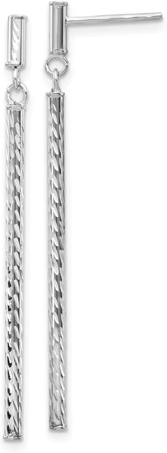 Real 14k White Gold and Diamond-cut Bar Dangle Studs Post Earrings - 55mm x 2mm