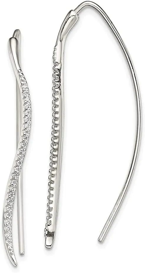 Real 925 Sterling Silver CZ Cubic Zirconia Curved Bar Threader Earrings - 44mm x 1mm