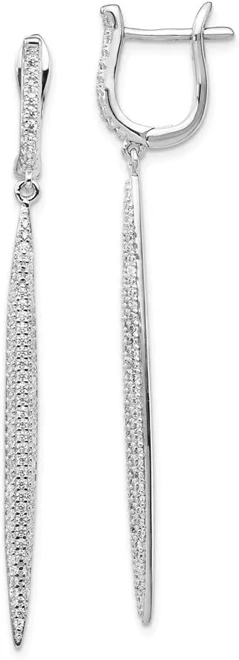 Real 925 Sterling Silver CZ Cubic Zirconia Dangle Bar Leverback Earrings - 57mm x 3mm