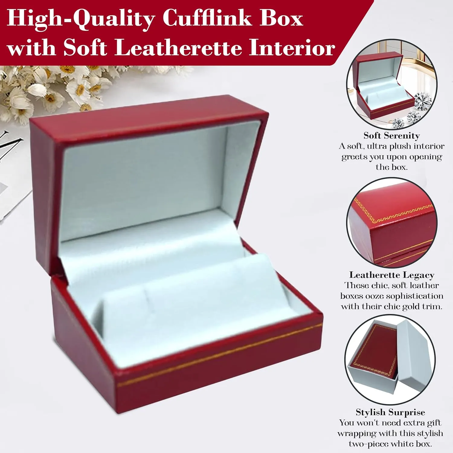 Red Jewelry Box for Cufflinks 2.87x2x1.5 Inches - Stylish Cufflink Gift Boxes with Gold Trim - Faux Leatherette Cufflinks Storage Case - Gift Presentation Cases for Cufflinks Only