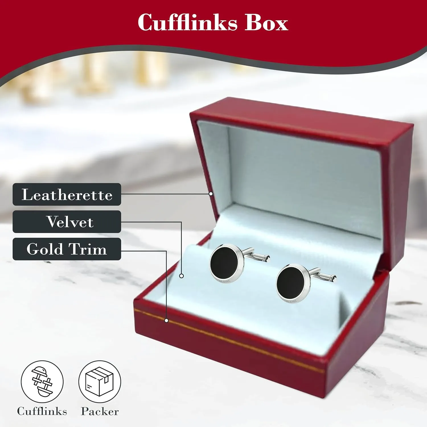 Red Jewelry Box for Cufflinks 2.87x2x1.5 Inches - Stylish Cufflink Gift Boxes with Gold Trim - Faux Leatherette Cufflinks Storage Case - Gift Presentation Cases for Cufflinks Only