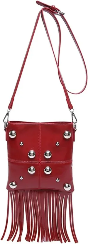 Red Purses for Women - Small Crossbody Bag with Adjustable Strap, Punk Studded Fringe Design, Soft PU Leather Lightweight Clutch Purse