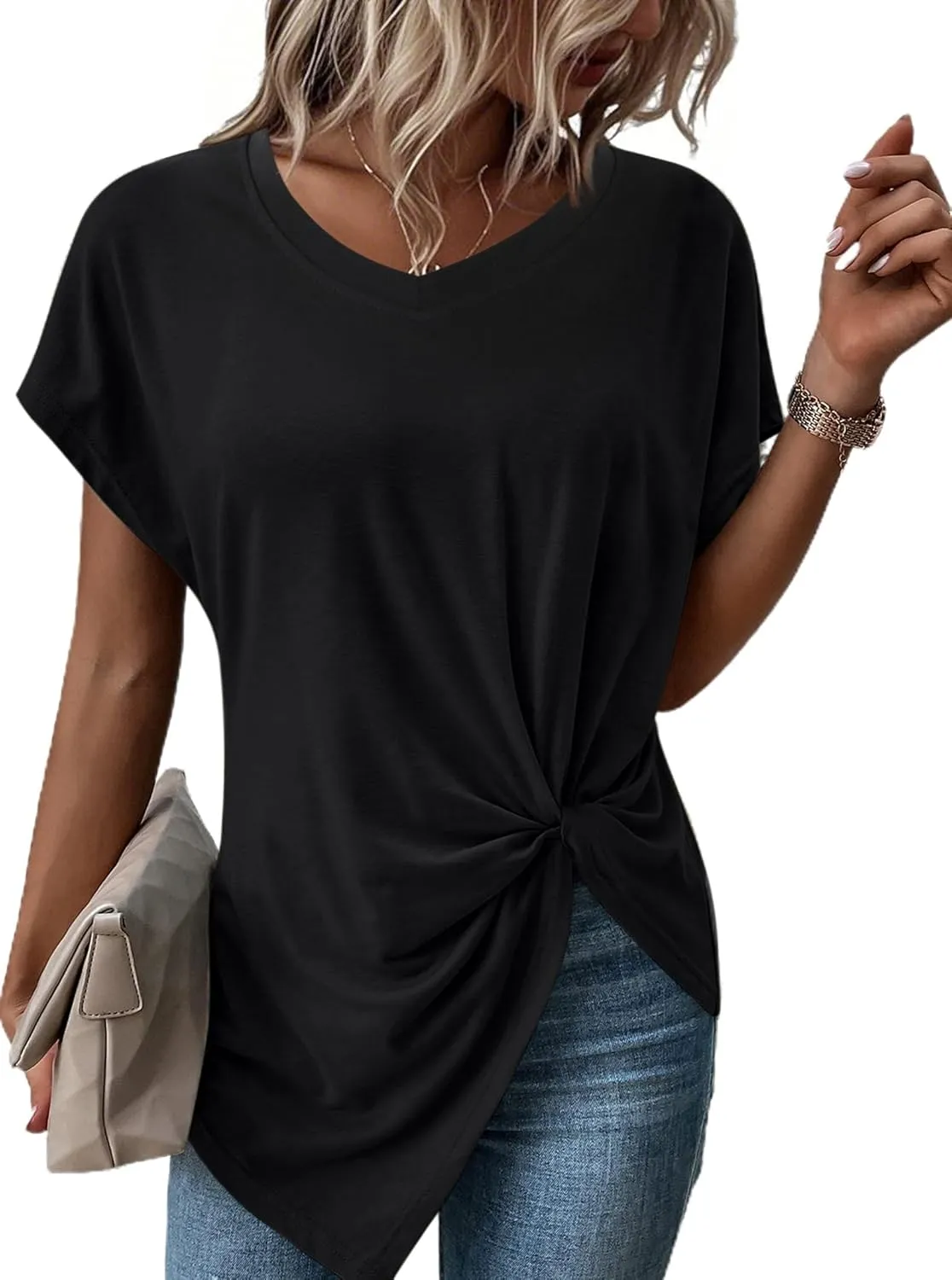 Remidoo Women's Asymmetrical Hem Round Neck Short Sleeve Twist Knot T Shirt Top