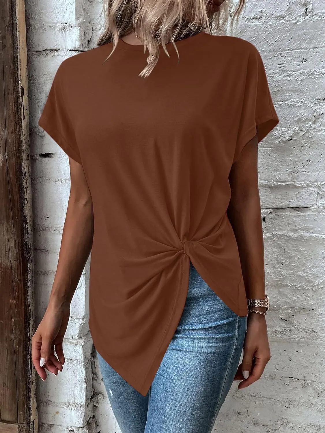 Remidoo Women's Asymmetrical Hem Round Neck Short Sleeve Twist Knot T Shirt Top