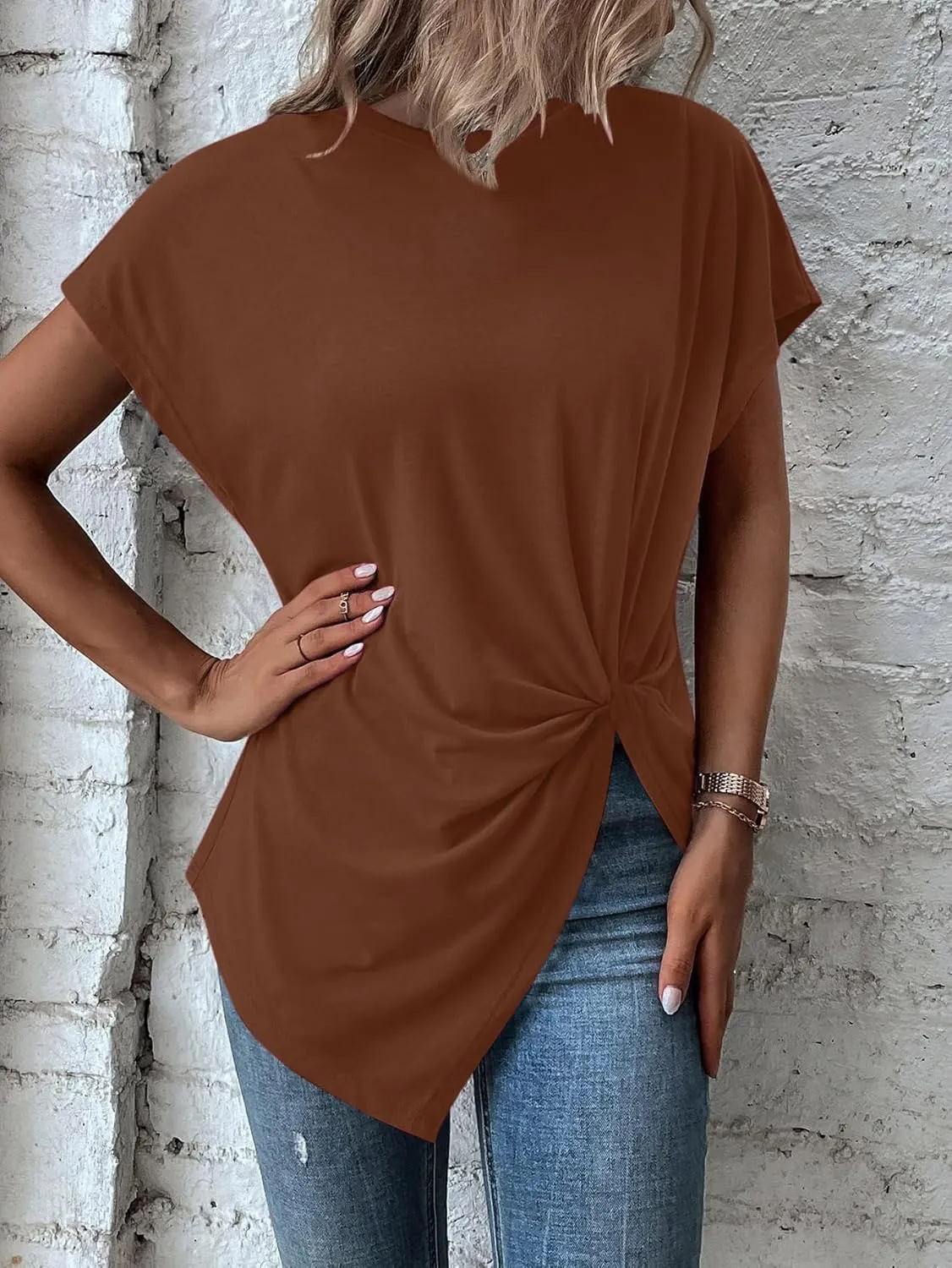Remidoo Women's Asymmetrical Hem Round Neck Short Sleeve Twist Knot T Shirt Top