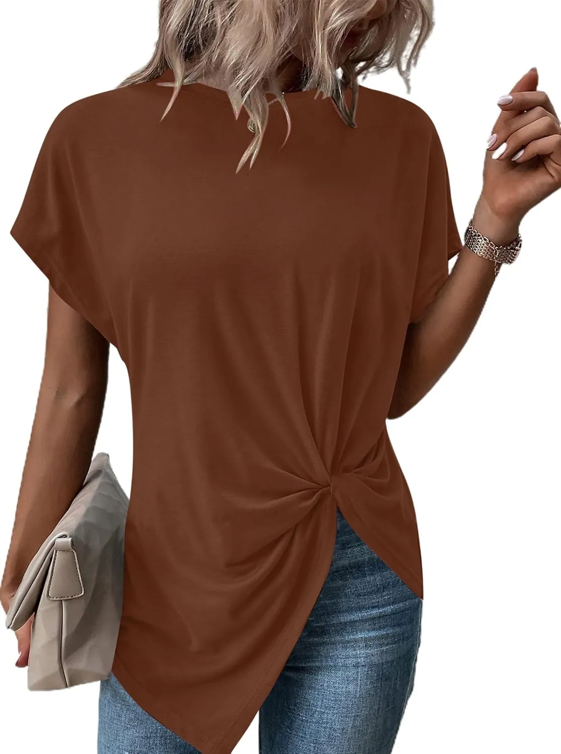 Remidoo Women's Asymmetrical Hem Round Neck Short Sleeve Twist Knot T Shirt Top
