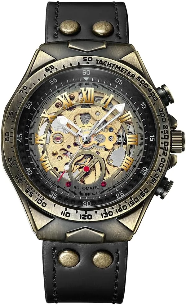 Retro Bronze Bezel Automatic Mechanical Watches for Men, Luxury Steampunk Skeleton Watch 3D Vintage Roman Numeral Dial, Luminous Genuine Leather Strap Wristwatch