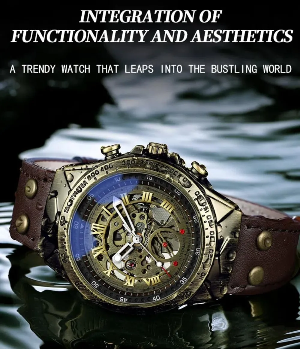 Retro Bronze Bezel Automatic Mechanical Watches for Men, Luxury Steampunk Skeleton Watch 3D Vintage Roman Numeral Dial, Luminous Genuine Leather Strap Wristwatch