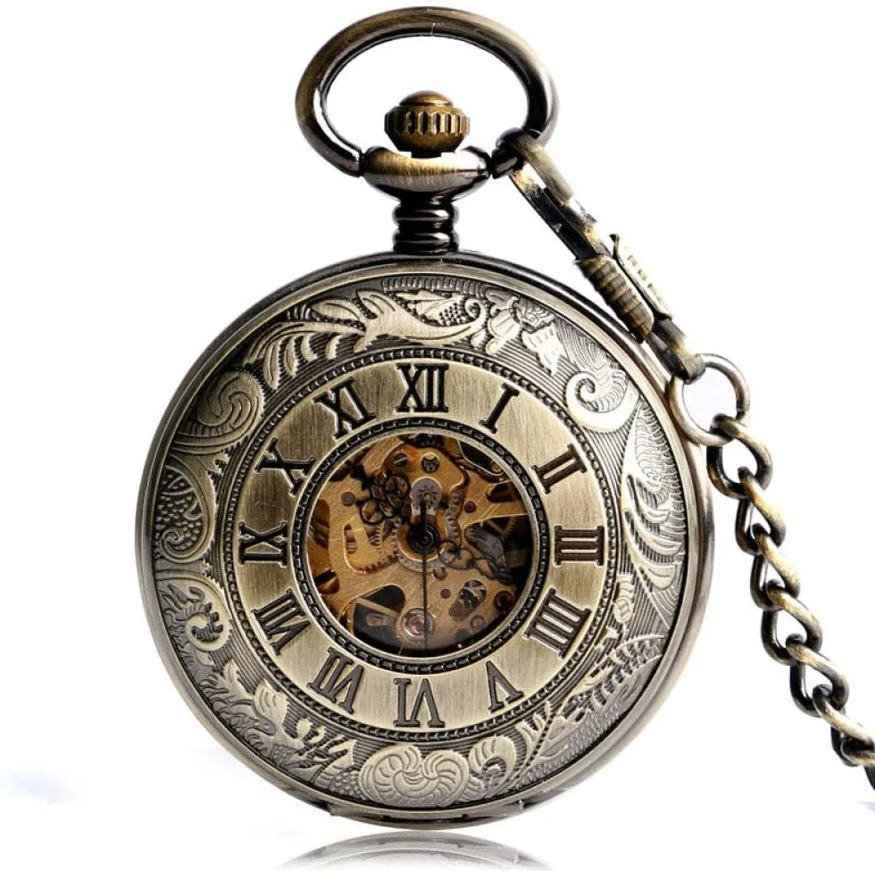Retro Luxury Roman Numbers Stylish Steampunk Mechanical Hand Winding Pocket Watch Carving Antique Clock Birthday Gift