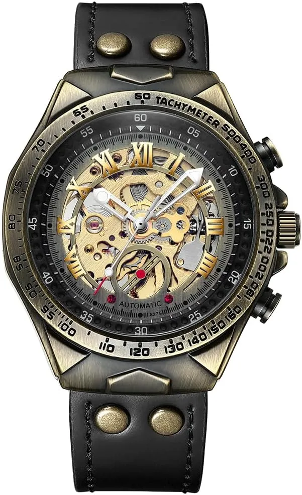 Retro Luxury Skeleton Steampunk Watch for Men, 3D Vintage Roman Numeral Dial, Bronze Bezel Automatic Mechanical Watches,Leather Waterproof Mens Wristwatch