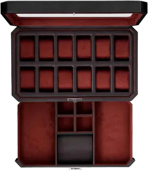 ROTHWELL 12 Slot Leather Watch Box with Valet Drawer - 12 Slot Luxury Watch Case Display Organizer, Microsuede Liner, Mens Accessories Holder, Jewelry Case, Jewelry Display Organizer (Black/Red)