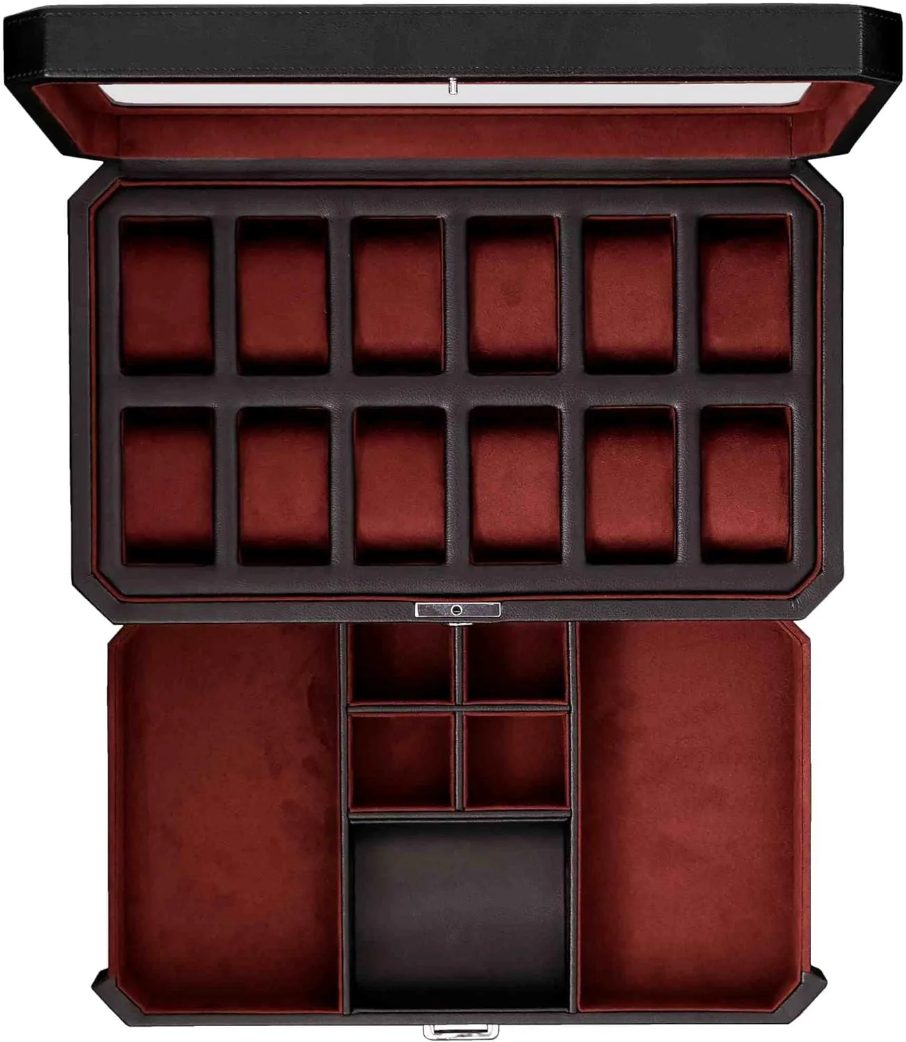 ROTHWELL 12 Slot Leather Watch Box with Valet Drawer - 12 Slot Luxury Watch Case Display Organizer, Microsuede Liner, Mens Accessories Holder, Jewelry Case, Jewelry Display Organizer (Black/Red)