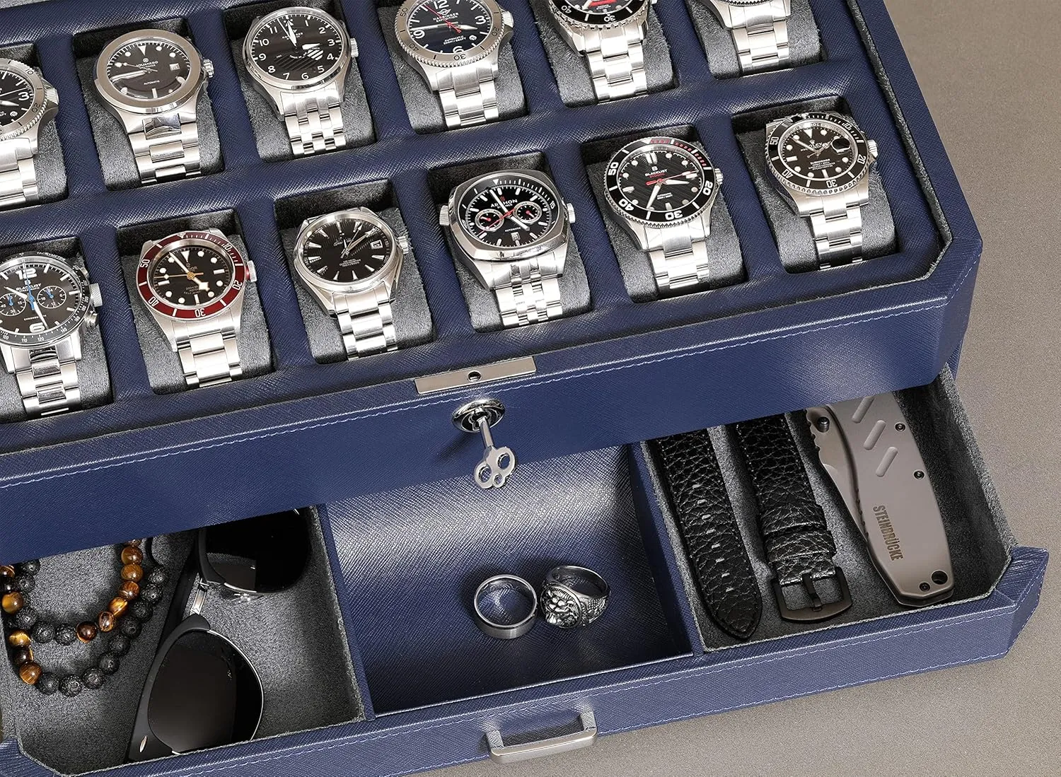 ROTHWELL 12 Slot Leather Watch Box with Valet Drawer - 12 Slot Luxury Watch Case Display Organizer, Microsuede Liner, Mens Accessories Holder, Jewelry Case, Jewelry Display Organizer (Dark Blue/Grey)