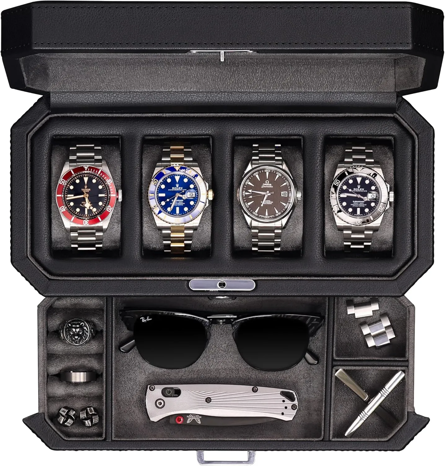 ROTHWELL 4 Slot Leather Watch Box with Valet Drawer - Luxury Case Display Jewelry Organizer, Locking Display Case Holder with Real Glass Top - Watch Box Organizer for Men & Women (Grey)