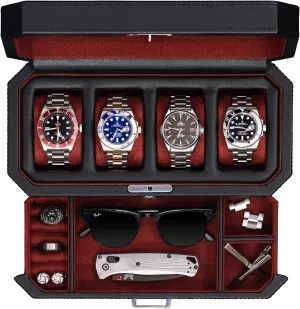 ROTHWELL 4 Slot Leather Watch Box with Valet Drawer - Luxury Case Display Jewelry Organizer, Locking Display Case Holder with Real Glass Top - Watch Box Organizer for Men & Women (Red)