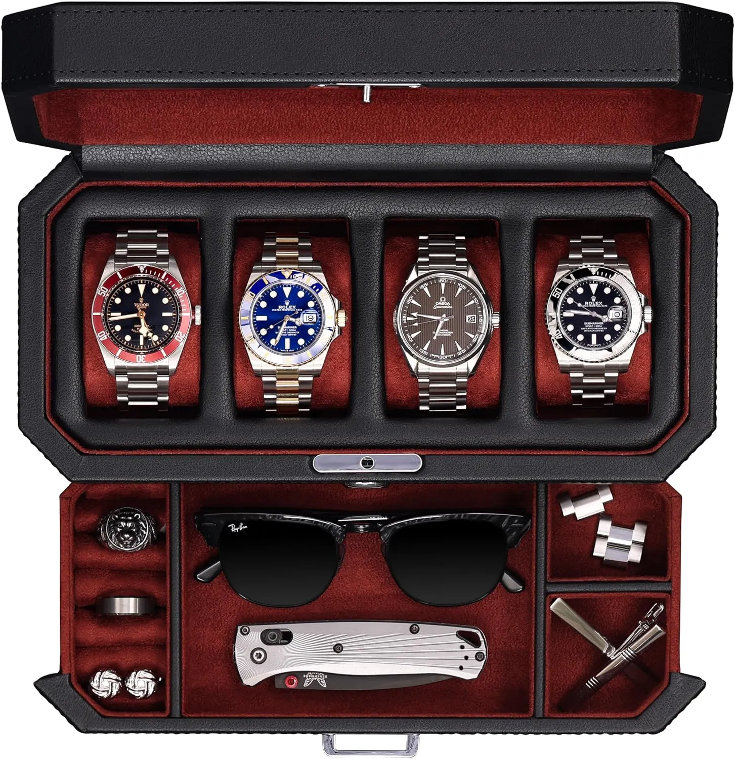 ROTHWELL 4 Slot Leather Watch Box with Valet Drawer - Luxury Case Display Jewelry Organizer, Locking Display Case Holder with Real Glass Top - Watch Box Organizer for Men & Women (Red)