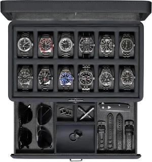 ROTHWELL Luxury Watch Box for 12 Watches  PU Leather Watch Box with Real Glass Lid  Slide out Accessory Drawer with Multiple Compartments (Carbon)