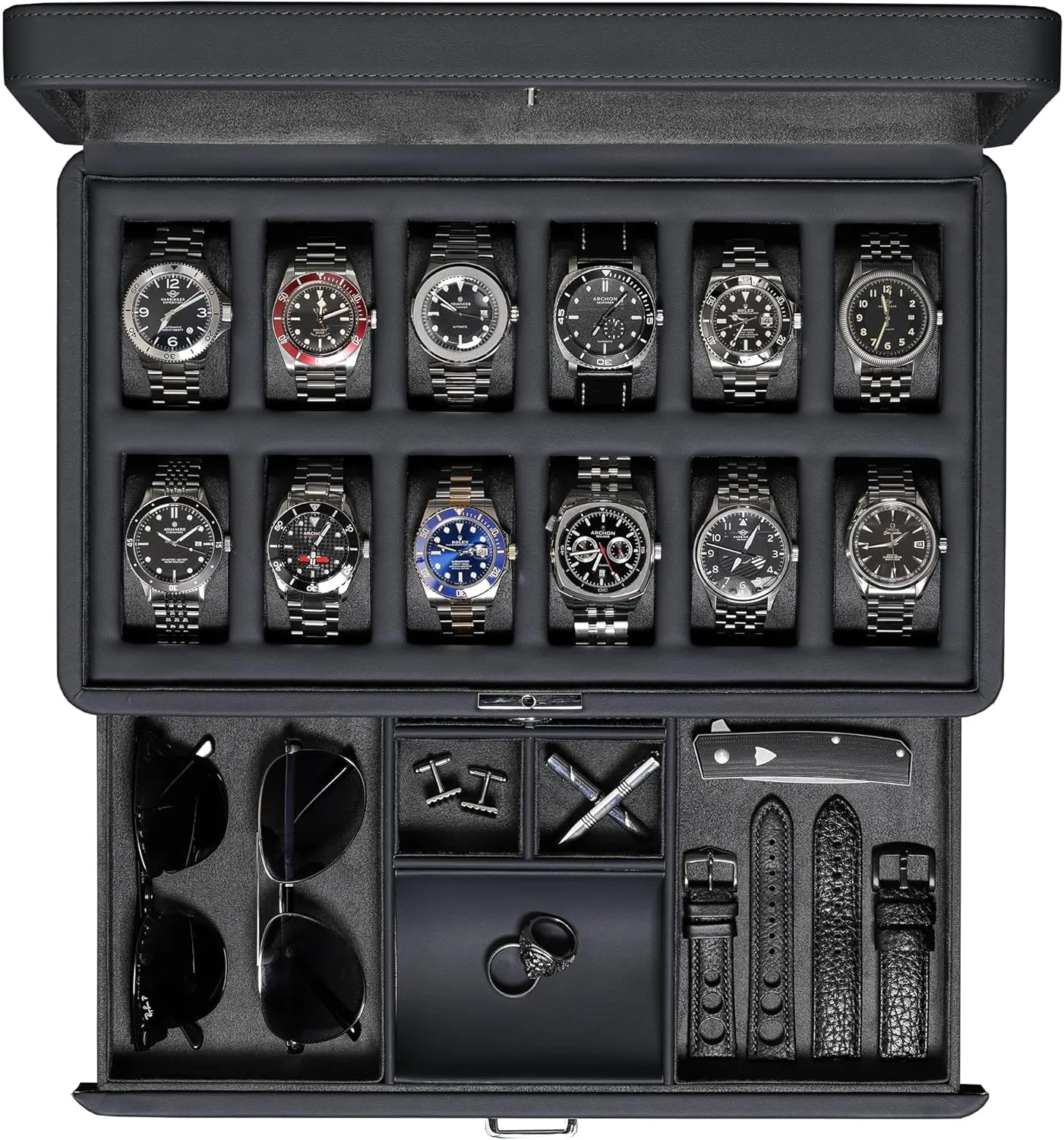 ROTHWELL Luxury Watch Box for 12 Watches  PU Leather Watch Box with Real Glass Lid  Slide out Accessory Drawer with Multiple Compartments (Carbon)