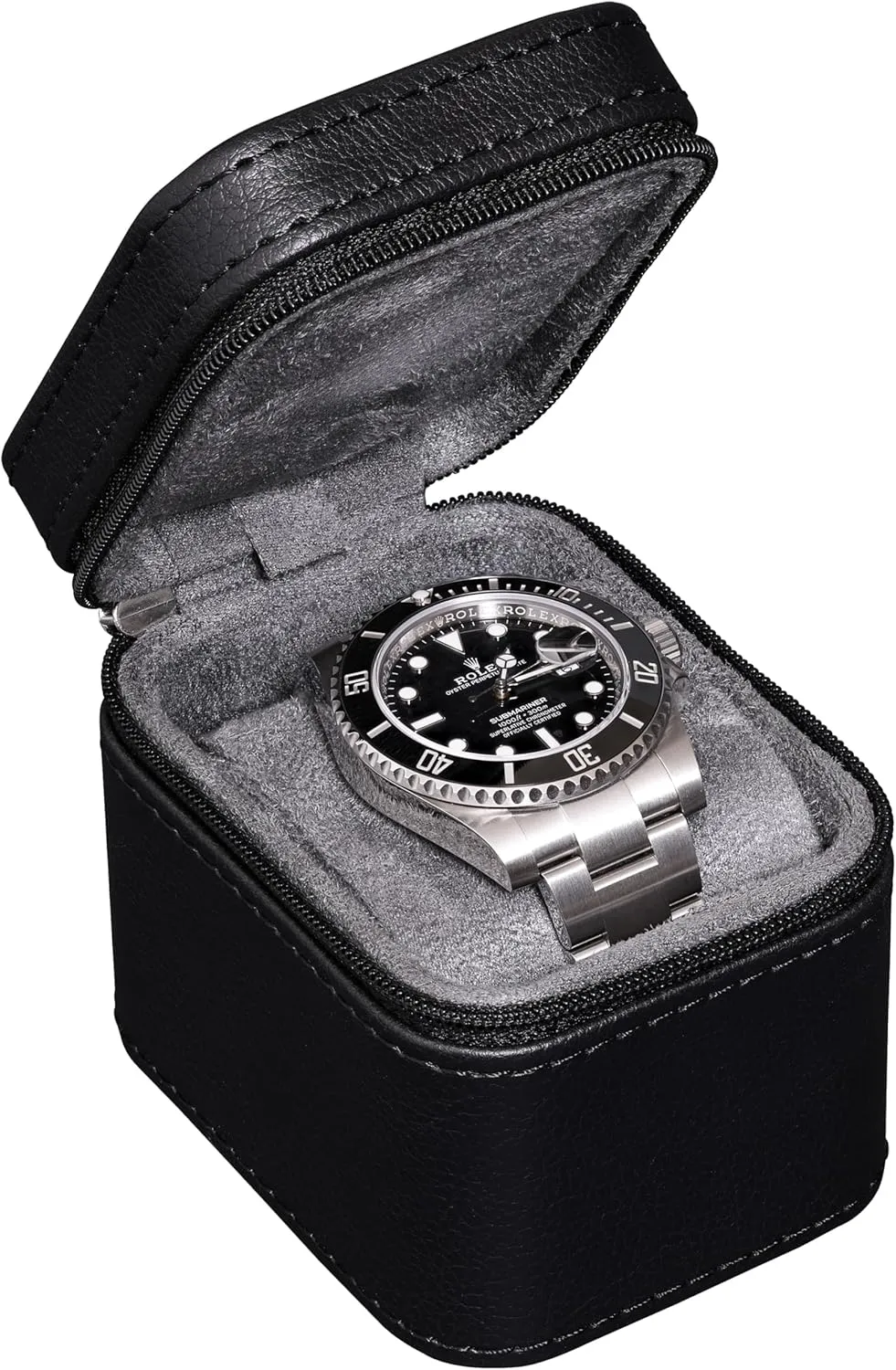 ROTHWELL Single Watch Travel Case | Compact PU Leather Protective Box with Microsuede Interior | Fits Watches & Smartwatches Up to 55mm (Black/Grey)